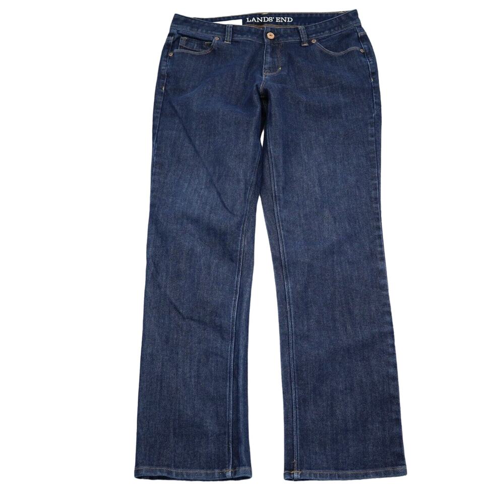 Lands End Pants Womens 8 Blue Straight Dark Wash Mid Rise Denim Button Jeans